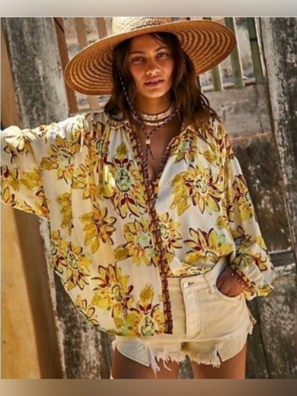 Free People Cream Floral Lace-Up Peasant Blouse